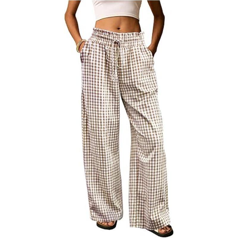 European Plaid Women's Wide-Leg Elastic High-Waist Pajama Pants with Drawstring
