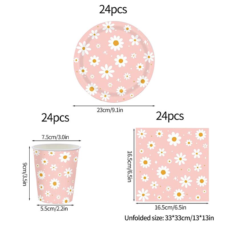 24pcs 7/9inch Pink Daisy Theme Disposable Tableware Flower Plate Napkin Straws Banner Birthday Party Baby Shower Wedding Decor