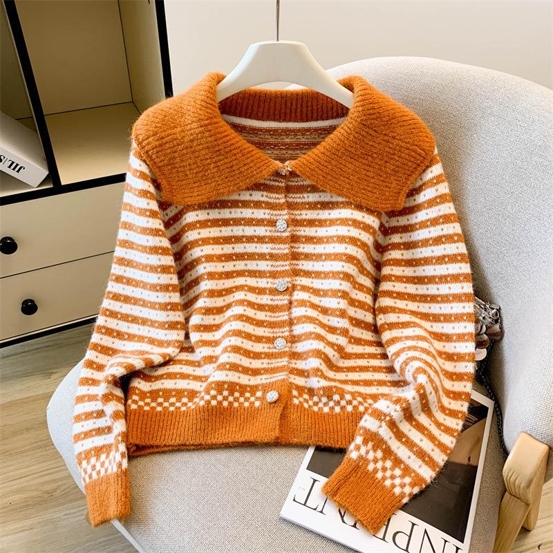 Women's Coat Lapel Striped Knitted Cardigan New Retro Versatile Top Soft Waxy Sweater Women