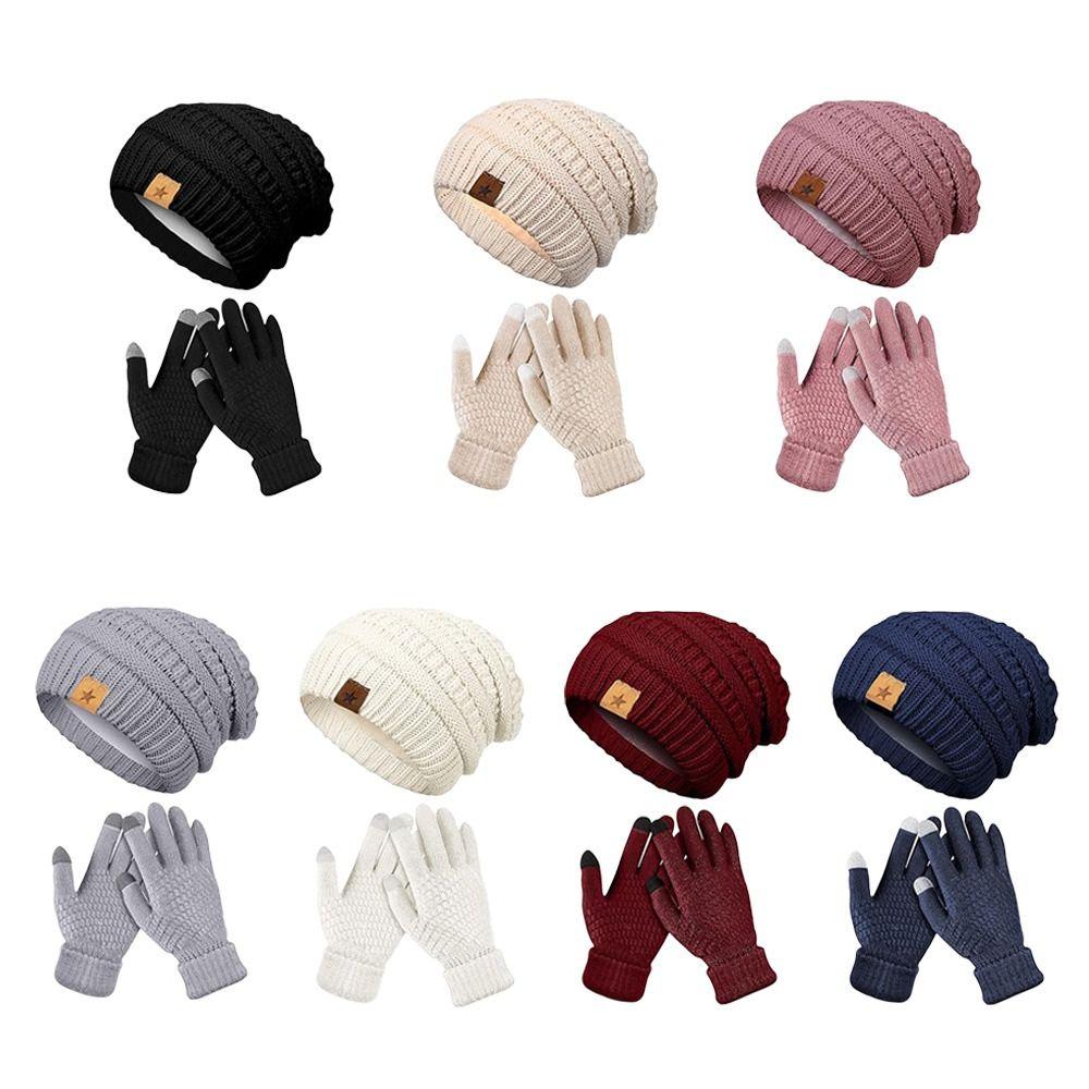 2PCS/Set Soft Knitted Hat Warm Winter Warm Mitten Gift Women Hats Gloves Set  Outdoor