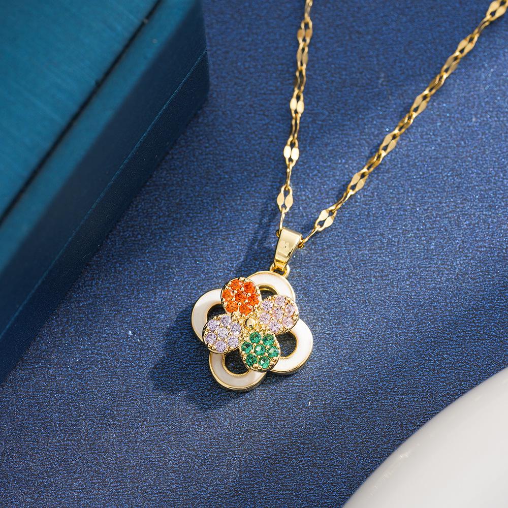 Women s Rotating Four-Leaf Clover Necklace with Colorful Zircon – Elegant Light Luxury Design