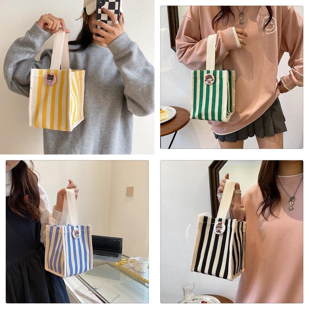 Stylish Colorful Striped Nylon Shoulder Tote Bag For Women Trendy Handheld Lunch Bag