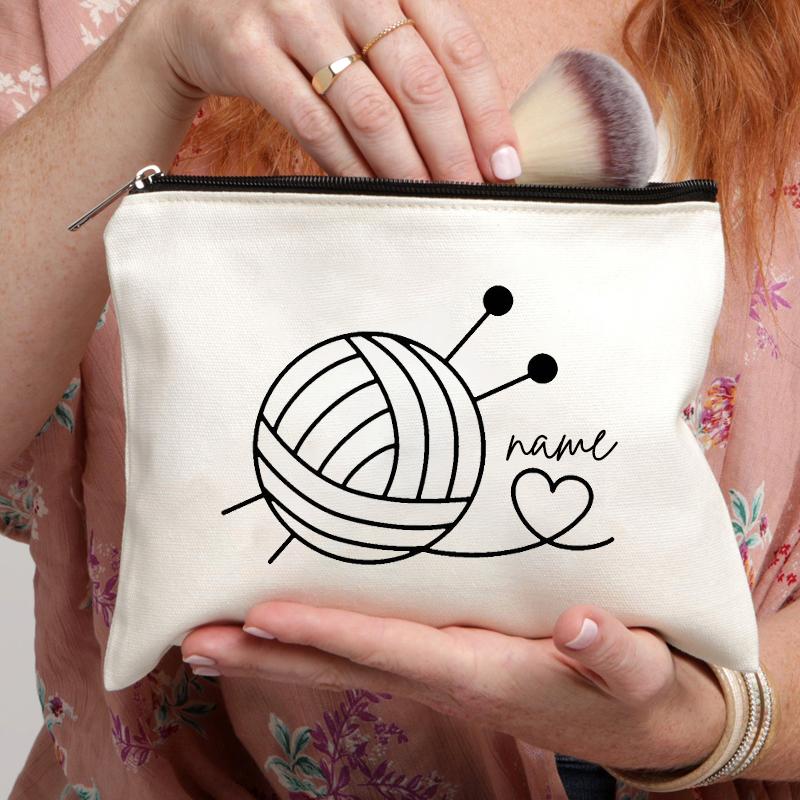 Knit Print Custom Name Canvas Pouch Travel Sundry Storage Toiletry Bags Lipstick Makeup Bag Personalized Gift for Crochet Lovers