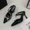 Fashion Advanced Sense ~! Silver Patent Leather Rhinestone Bow Pointy Half Slippers For Women With Fine Heels And High Heels