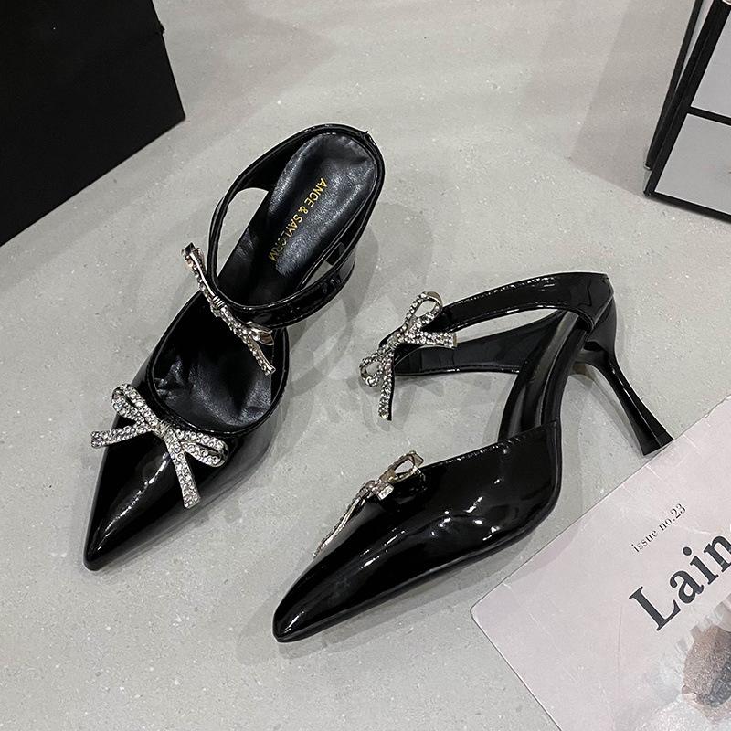 Fashion Advanced Sense ~! Silver Patent Leather Rhinestone Bow Pointy Half Slippers For Women With Fine Heels And High Heels