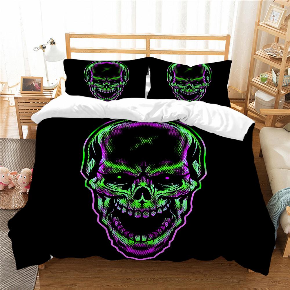 3D-Schädelkopf-Serie, Bettwäsche-Set mit Horror-Muster, Bettdecke und Kissenbezug, 2/3-teilig, Halloween-Atmosphäre, Dekoration, waschbar, Heimdekoration