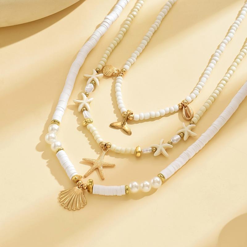 Bohemian Multilayer Starfish Sea Shell Rice Beads Necklace For Women Vintage Fishtail Pearl Conch Clavicle Choker Beach Jewelry