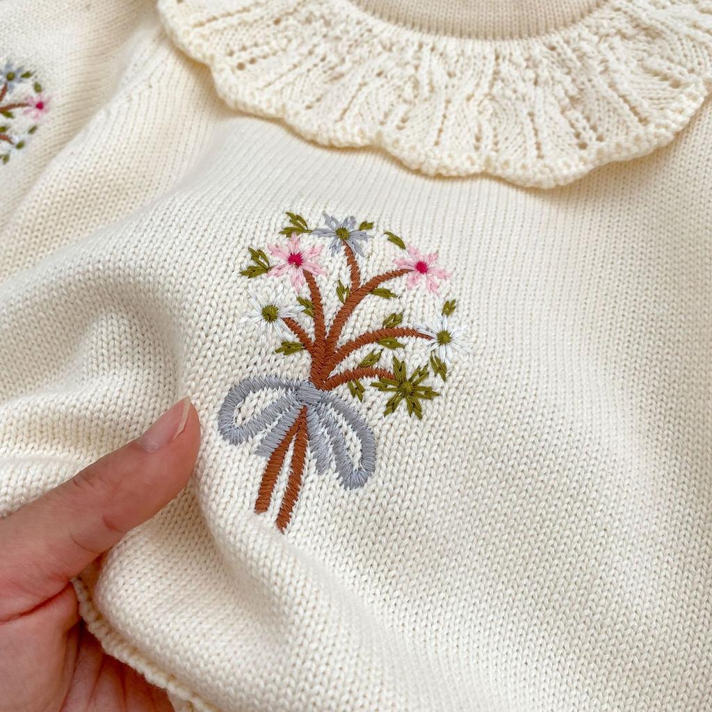 Baby Girl Spring Autumn Long Sleeve Ruffle Neck Knit Romper with Embroidery
