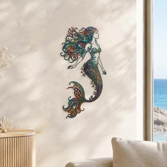 Rustic Metal Art for Patios Mermaid Wall Decoration, Three-dimensional Hollow Iron Artistic Crafts Sculpture, Retro Ocean Style Hanging Figures