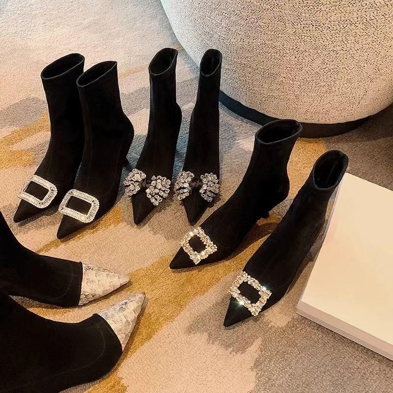 Pointed Thin High-heeled Small Short Boots for Women's Spring and Autumn New Rhinestone Square Buckle Elastic Fashion Thin Socks Boots