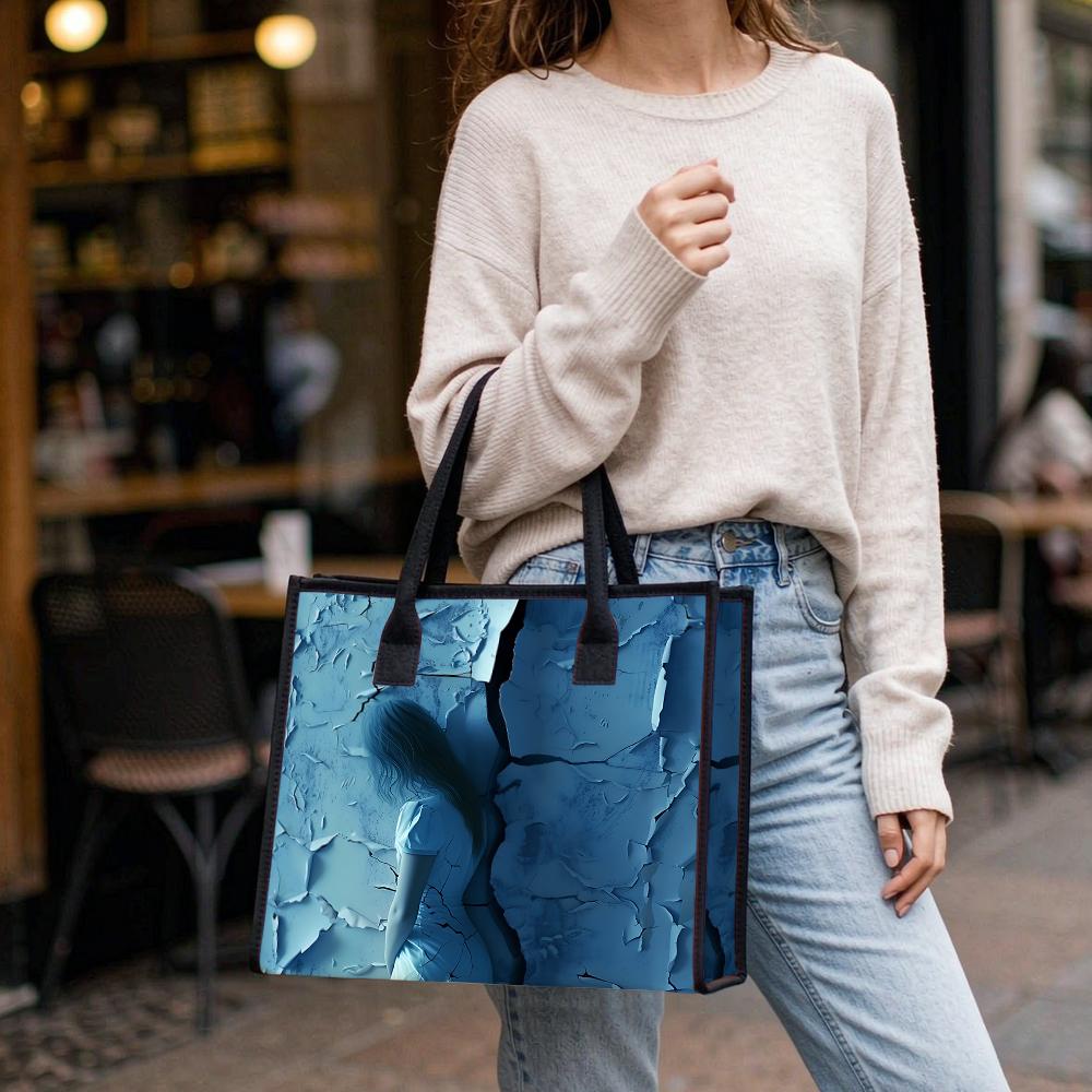 Fashion Blue Art Printed Tote Bag Large Capacity Casual Daily Handbag for Women Outdoor Travel Shopping Use