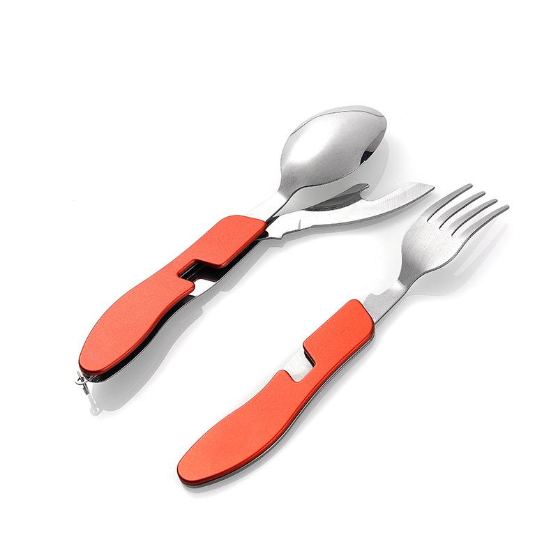Camping Multifunctional Stainless Steel Cutlery Set: Folding Knife, Fork, and Spoon.