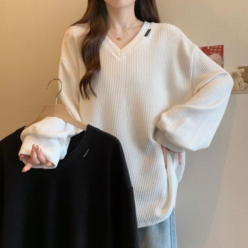 

Plus-Size Ribbed Knit Base Layer Top - Autumn/Winter, Loose Fit, Slimming, Warm, Long Sleeve L [110-140 jin]