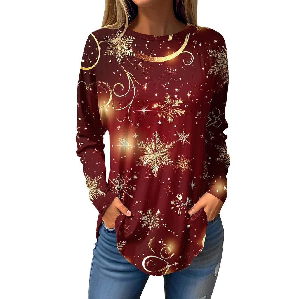 Women's Loose Round Neck Christmas Print Long Sleeve T-Shirt Top Pullover