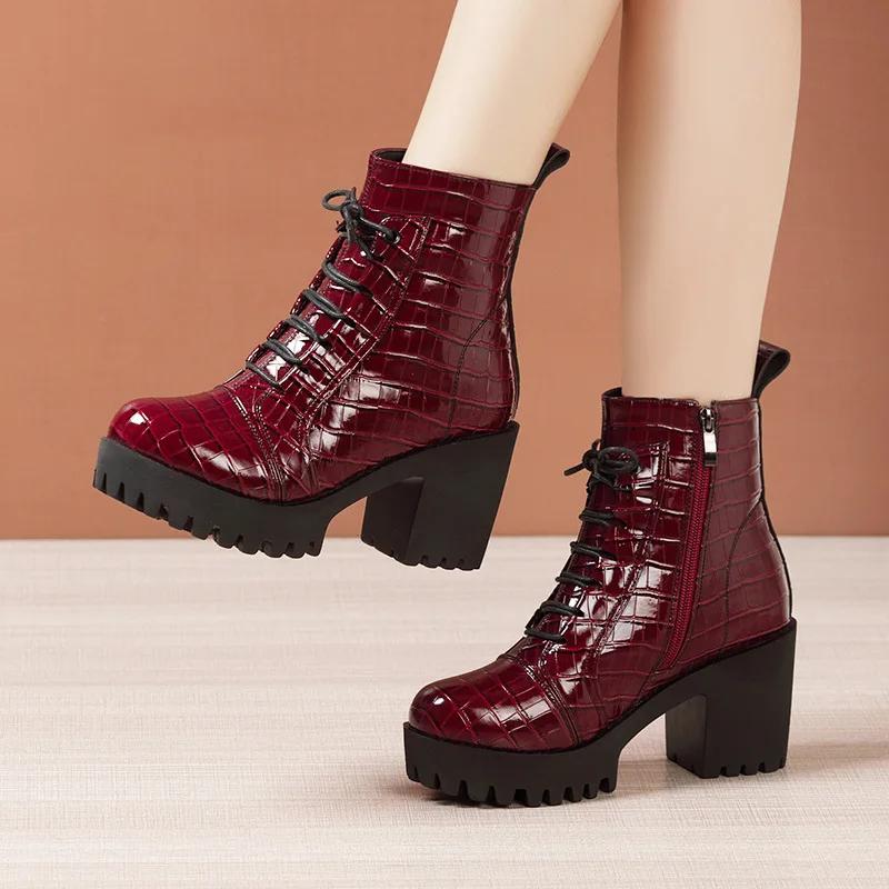 8cm Small Size 32-43 British Thick Bottom Platform Shoes Fall Winter 2025 Block High Heels Leather Short Ankle Boots for Women
