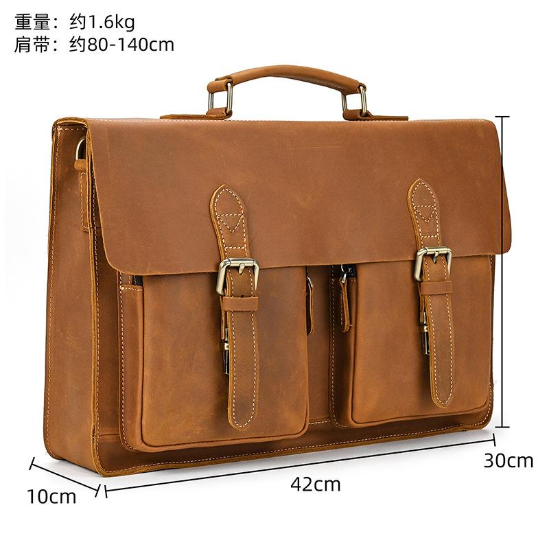 Men'S Genuine Leather Briefcase Retro Crazy Horse Leather Handbag Commuter Computer Bag Shoulder Messenger Bag