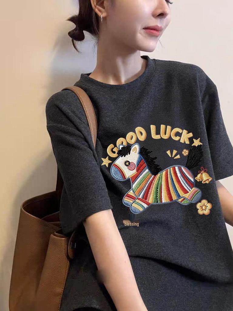 Korean Retro Horse Print Short Sleeve Women's T-Shirt, New 2026 Round Neck Trendy Top