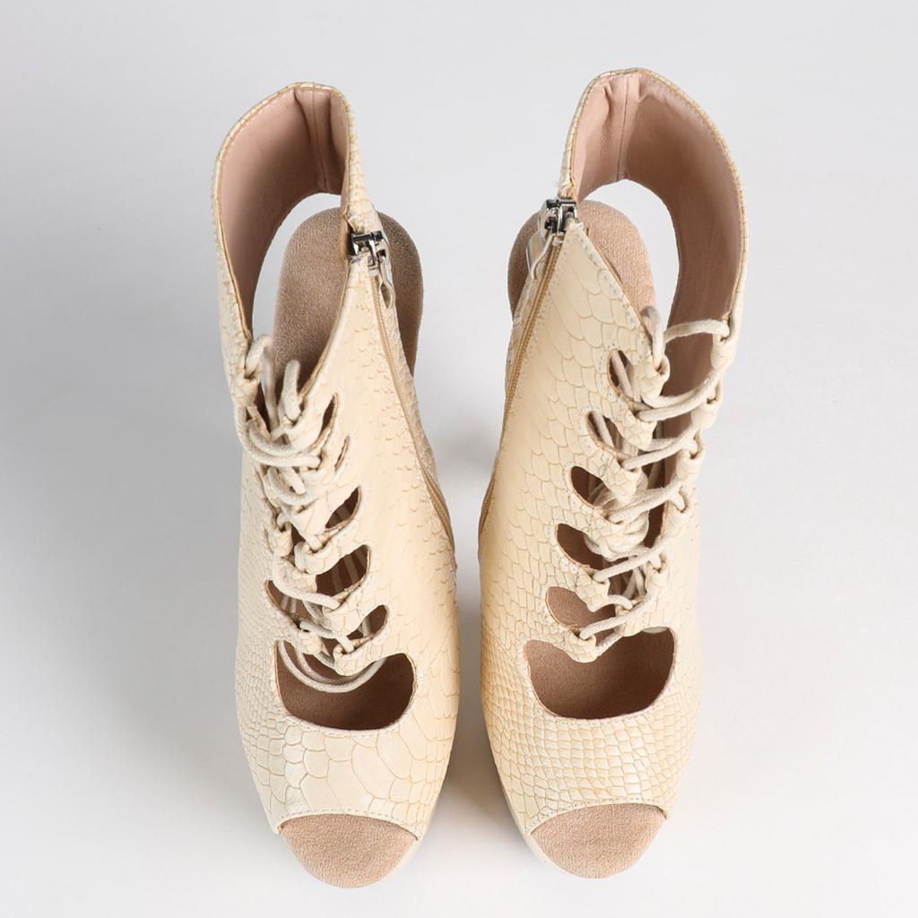 Stivali da Ballo con Tacchi Super Alti da 20 cm per Donna Beige Allacciati Punta Aperta Piattaforma Scarpe da Festa