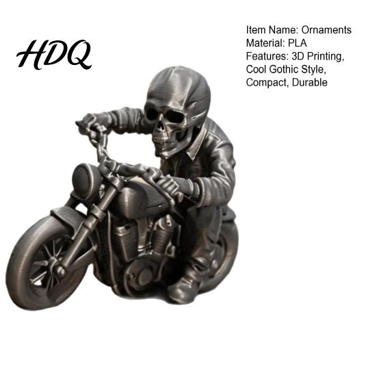 Unique Desktop Accessory 3D Printed Skull Motorcycle Rider Statue, Cool Gothic Biker Skeleton Ornament Figurine, Motorbike Sculpture Car Decor