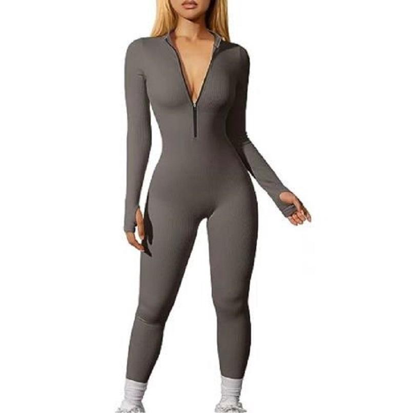 Slim Jumpsuit Women's Clothing Zipper Casual Brown Fitness Rompers Autumn Playsuit Activity Streetwear Overall