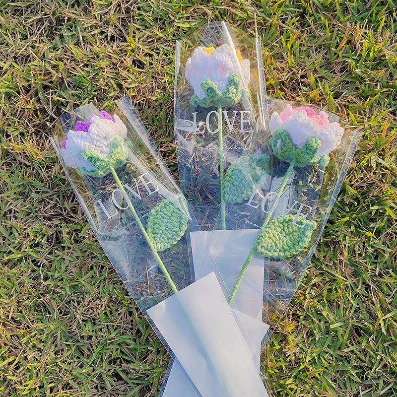 1pc Gradient Rose Artificial Flowers Mother' Day Gift Crochet Flowers DIY Homemade Bouquet Rose Crochet Woven Flower Home Decor