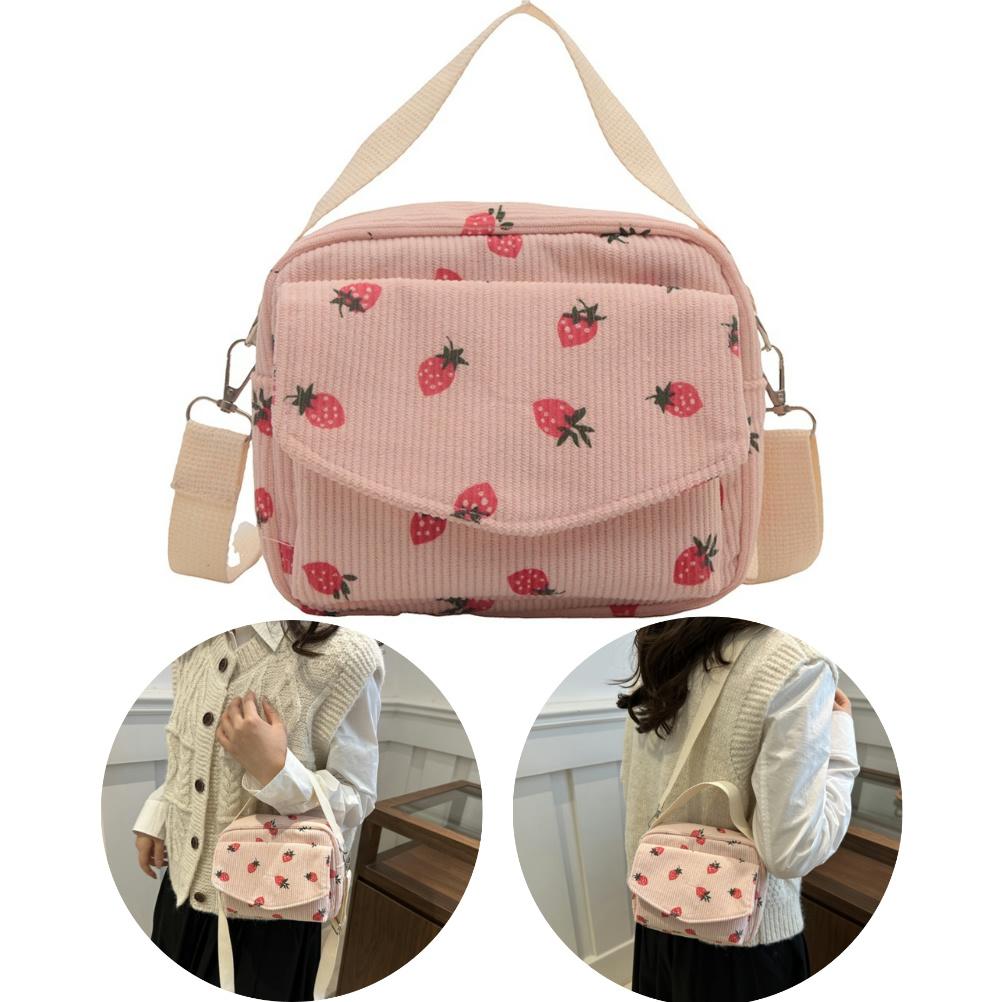 Cute Strawberry Trendy Crossbody Bag Corduroy Messenger Bag Casual Zipper Underarm Bag for Women Travel Work Shoulder Bag