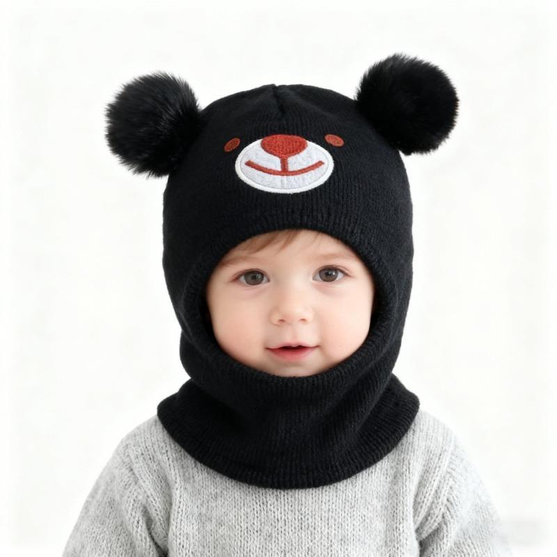 

1 PCS 0-3Y Newborn Black Bear Embroidery Balaclava Ski Mask Toddler Beanie Double Balls Baby Girls Boys Beanies Kids Winter Hats чорний