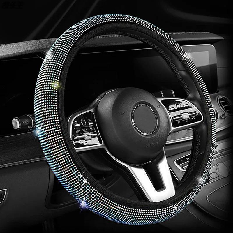 High Fashion Crystal Car Steering Wheel Cover 38cm Breathable Anti Slip PU Rhinestone Car Decoration Diamond Auto Parts