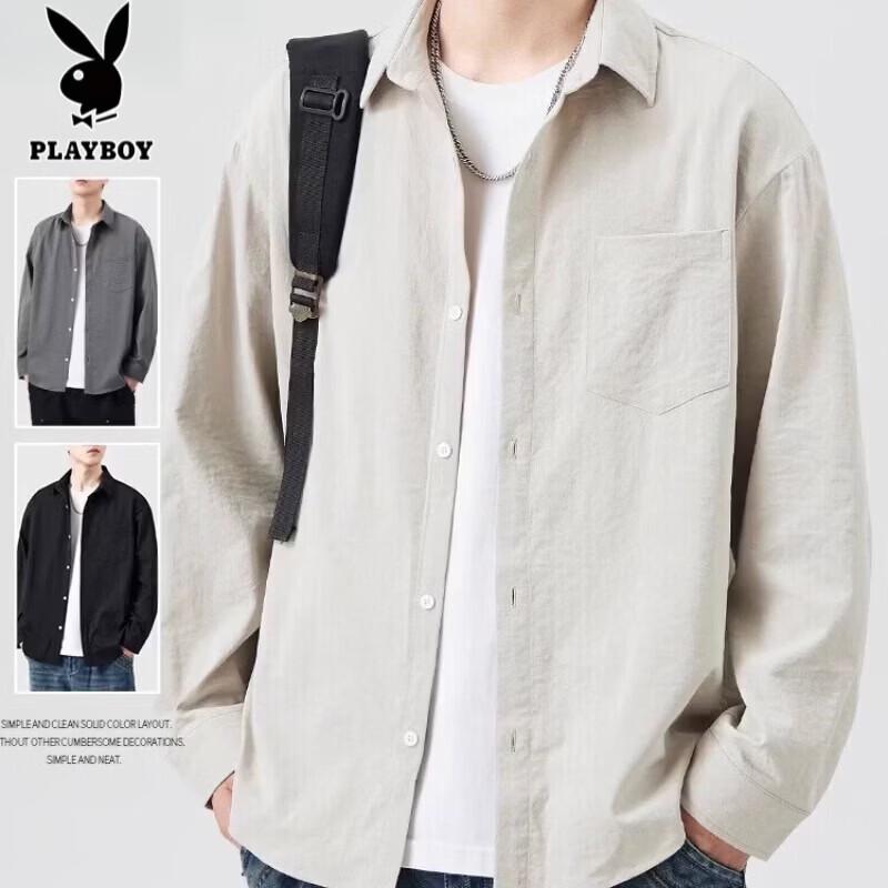 PLAYBOY Men's Simple Loose Fit Long Sleeve Casual Shirt