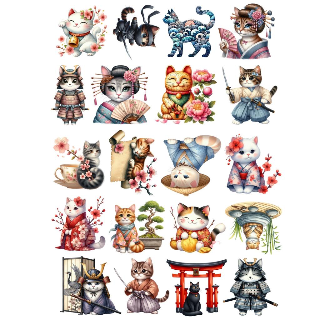 20pcs Watercolor Cute Japanese Cat Lucky Cat Stickers DIY Scrapbook Diary Decoration Album Style Stationery Journal Supplies