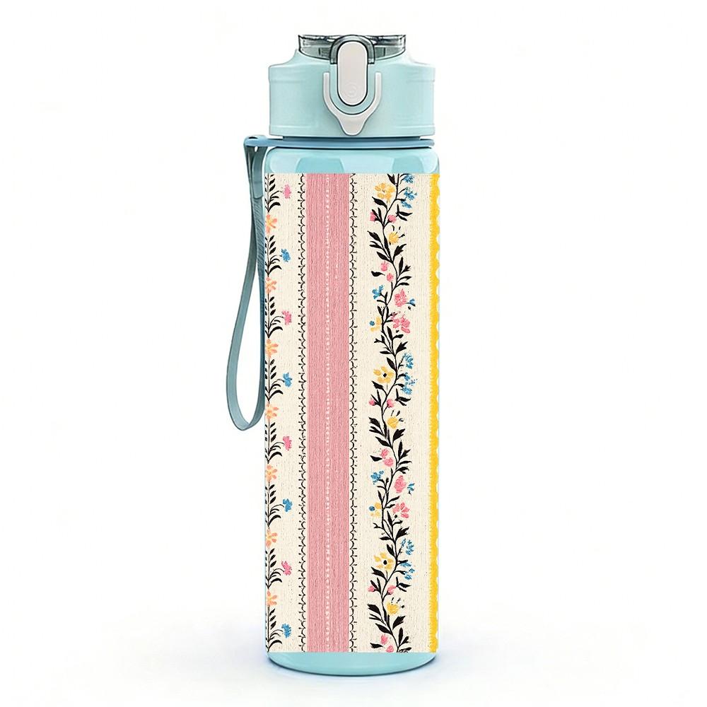 1PC Ethnic Striped Boho Textile Print 750ml Color Plastic Sports Water Bottle Leakproof Flip Straw Lid Suitable for Sports Office Home Use