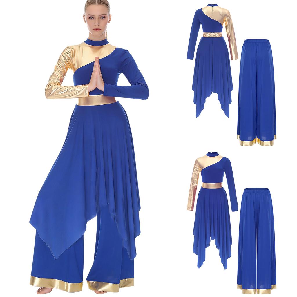 S-XXL Womens Worship Praise Dance Costume Long Sleeve Asymmetrical Hem Dress and Wide Leg Pants Contrast Color Dancewear Outfits