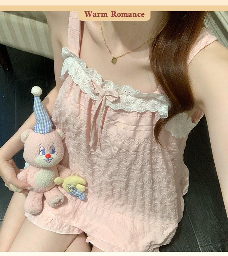 2026 Summer Woven Cloud Cotton Pajama Set with Chest Pads - Women’s Sweet Princess Cami Home Wear