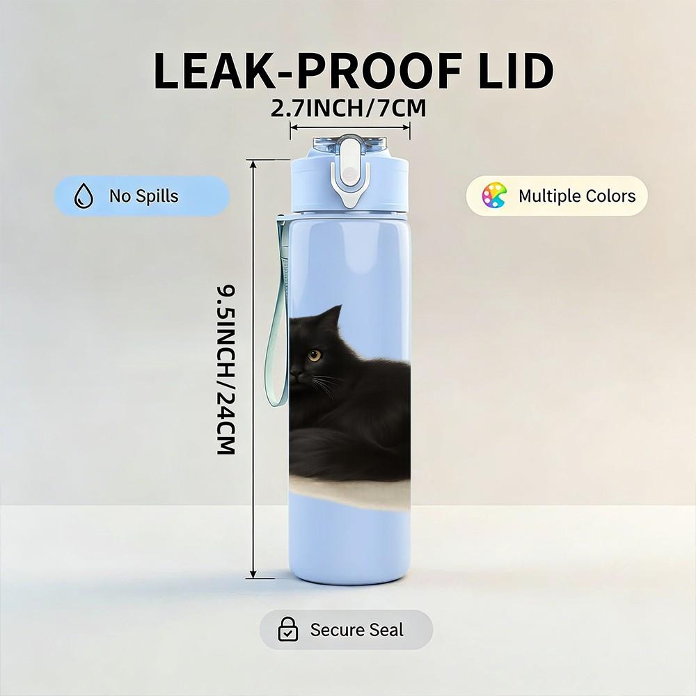 1PC Black Cat Lying Down 750ml Color Plastic Sports Water Bottle Leakproof Flip Straw Lid Suitable for Sports Office Home Use