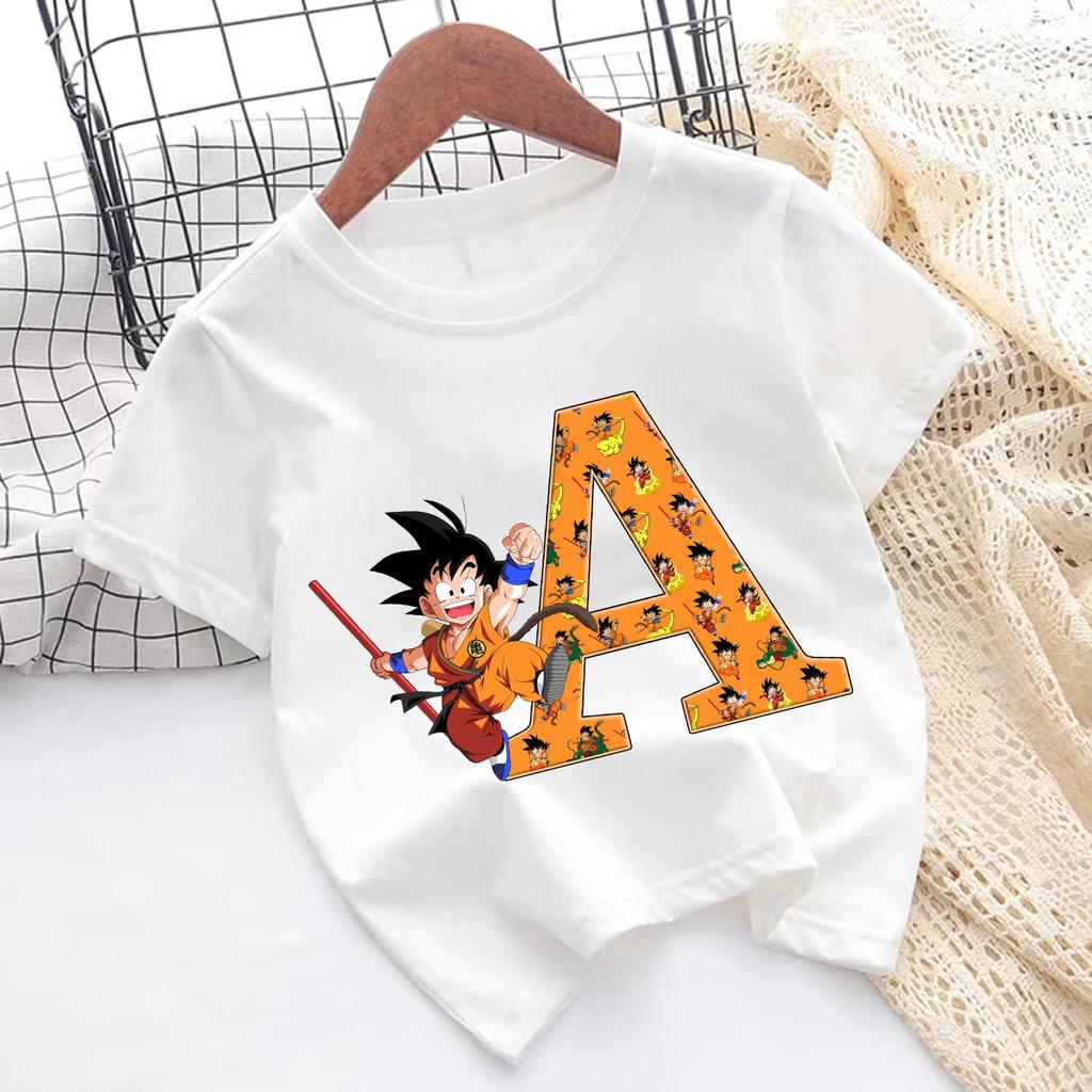 Dragon Ball Goku T-shirt Children A-Z Letter Tee Top Cartoon Summer Fashion White Short Sleeve Clothing Kids Casual Clothes Gift