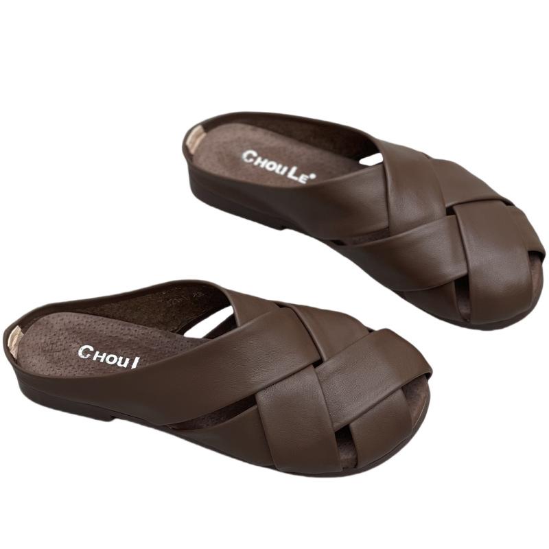 Genuine Leather Summer Slippers Artistic Cowhide Shoes Braided Flat Toe Slippers