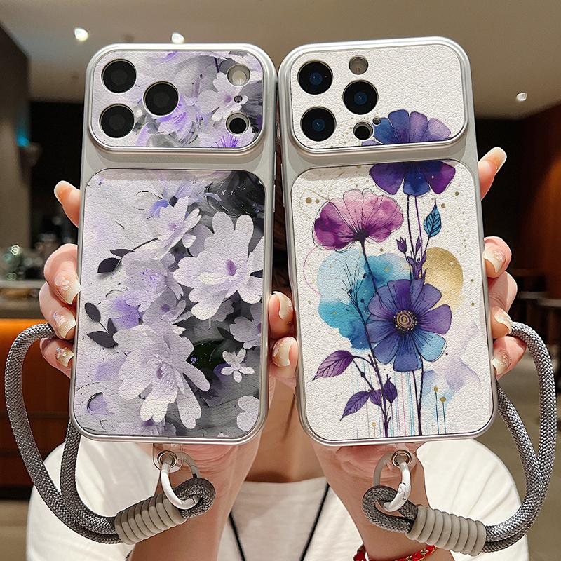 INS Watercolor Floral Leather Lanyard Case For iPhone 18 Pro Max 17 16 15 14 13 Pro Max Luxury Hybrid TPU+PU Anti-skid Soft Phone Cover