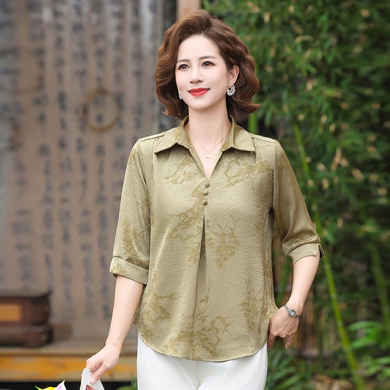 Elegant Summer Seven-Sleeve Blouse for Middle-Aged and Elderly Women 4XL зелёный