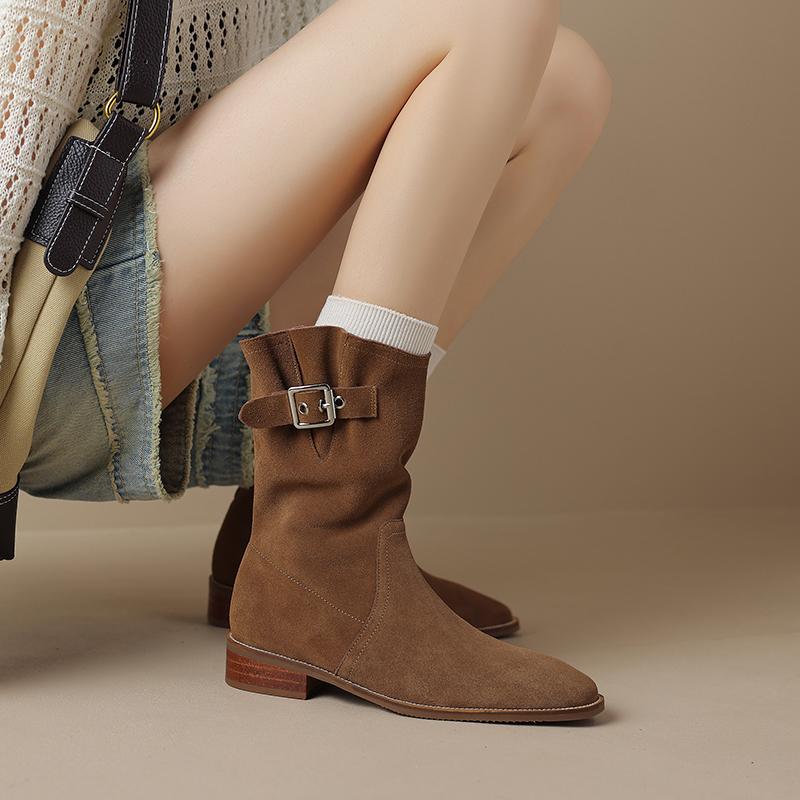 Fashion 2025 New Autumn Winter Cow Suede Women Boots Fashion Med Heel Round Toe Women Shoes Short Boots Western Boots