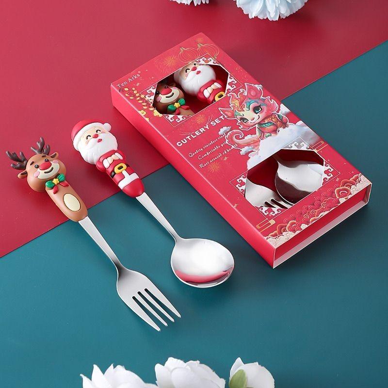 New Cartoon Christmas Round Head Spoon Fork Tableware Cartoon Coffee Spoon Christmas Gift Christmas Tree Silver Gift Box