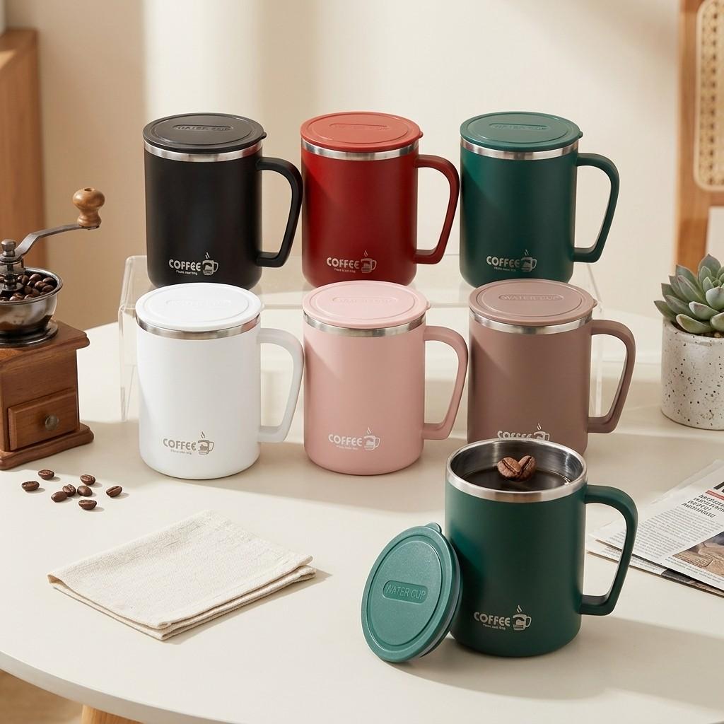 Insulated Travel Coffee Mug with Lid and Handle 304 Stainless Steel Tumbler Portable Leakproof Thermal Cup Tea Water Bottle