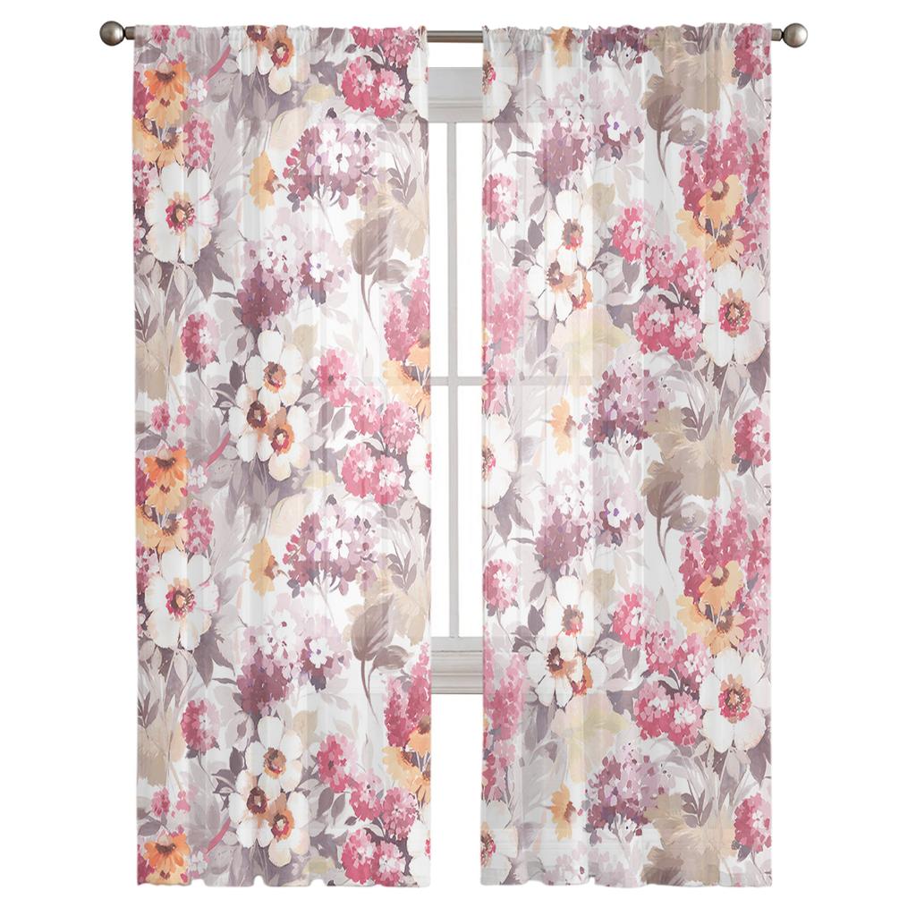 Spring Texture Watercolor Flower Hydrangea Tulle Curtains For Living Room Kitchen Sheer Voile Curtain Bedroom Window Panels