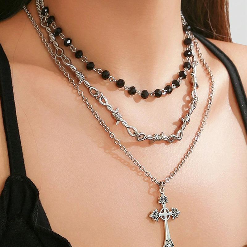 European and American Hip-hop Style Multi-layer Stacked Necklace Alloy Cross Pendant Design Sweet Cool Wind Niche Collarbone Chain