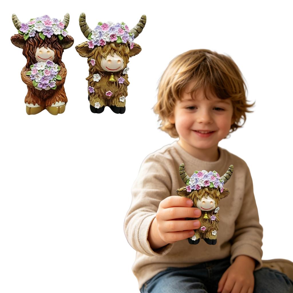 2pc Highland Cow Resin Figurine Set Rustic Animal Sculpture Decorative Collectible for Home Office Shelf Display