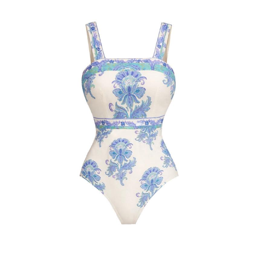 European and American swimwear small fresh blue printed one-piece swimsuit set beach swimsuit S