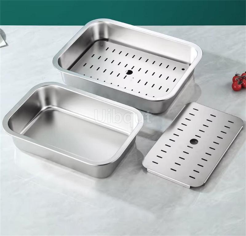 Deep Rectangle Plate Basin with Hole Rack Pallet Stainless Steel Bbq Food Plate with Grid Mesh Dessert Dinner Restaurant Trays