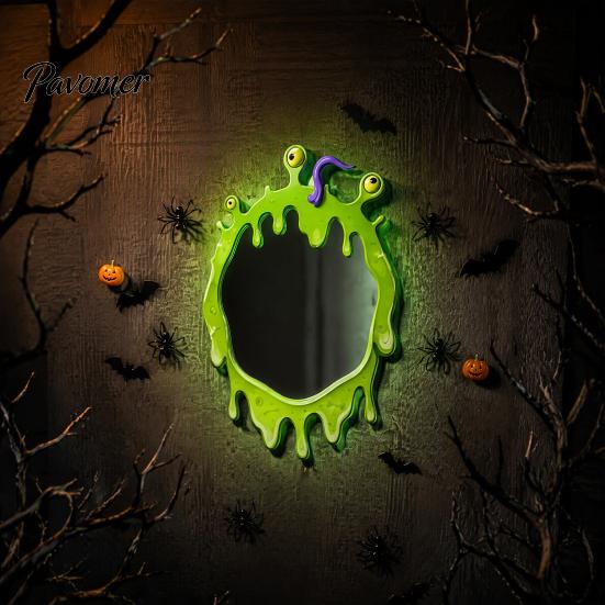 Halloween Wall Mirror Wooden Decorative Mirror, Pumpkin Ghost Bat Witch Cartoon Wood Decor Decor, Fun for Entryway Party, Festive Home Ornament Rustic