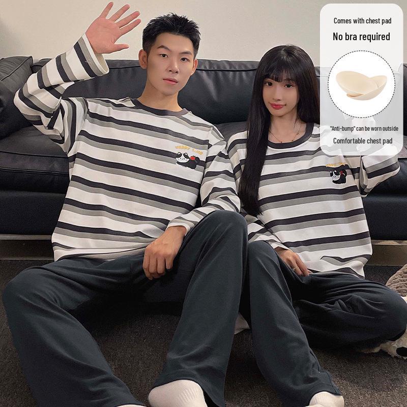 "Women's & Men's Cartoon Pajama Set with Chest Pads – Korean Style Long-Sleeve Home Wear for Autumn & Winter"