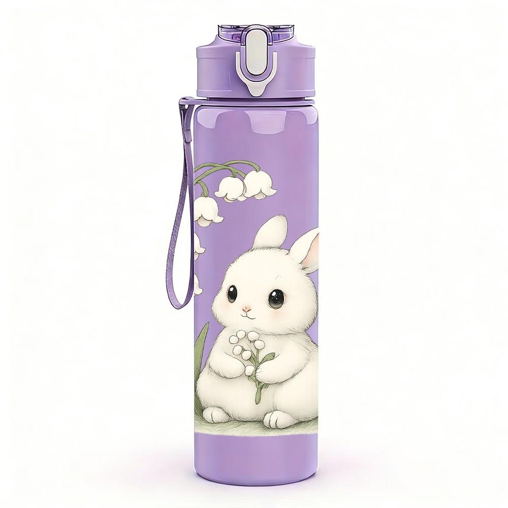 1PC White Lily And Cute Rabbit 750ml Color Plastic Sports Water Bottle Leakproof Flip Straw Lid Suitable for Sports Office Home Use