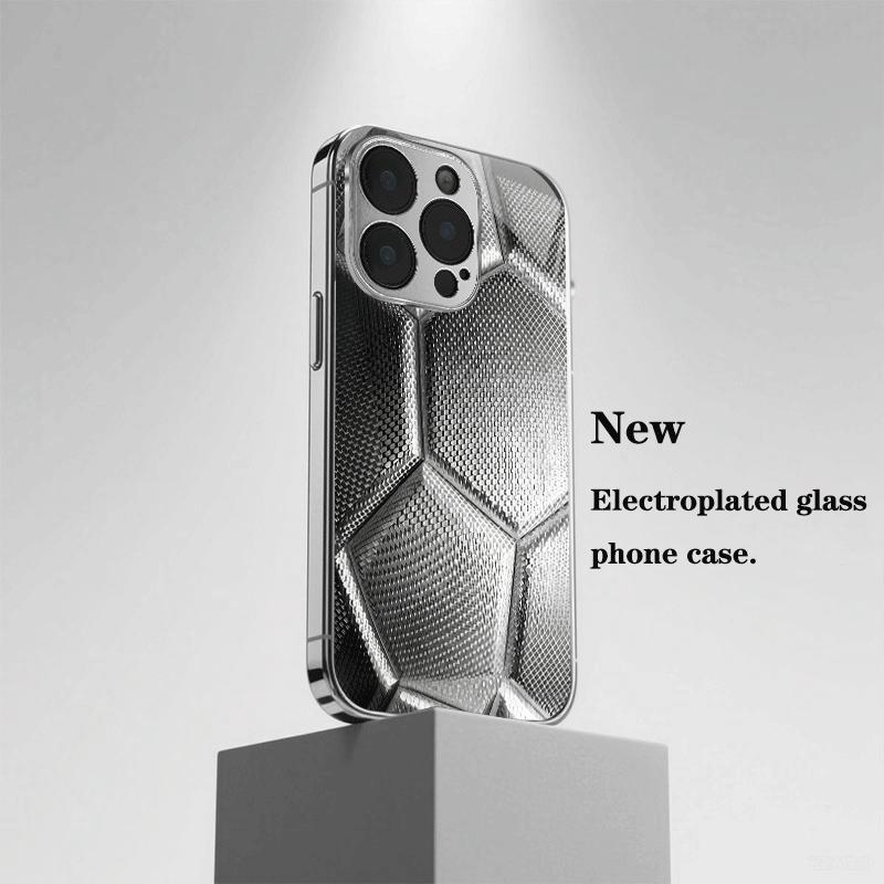 Premium electroplated glass phone case for iPhone 17 16 15 14 13 12 11pm Pro Plus. New metallic soccer ball texture.
